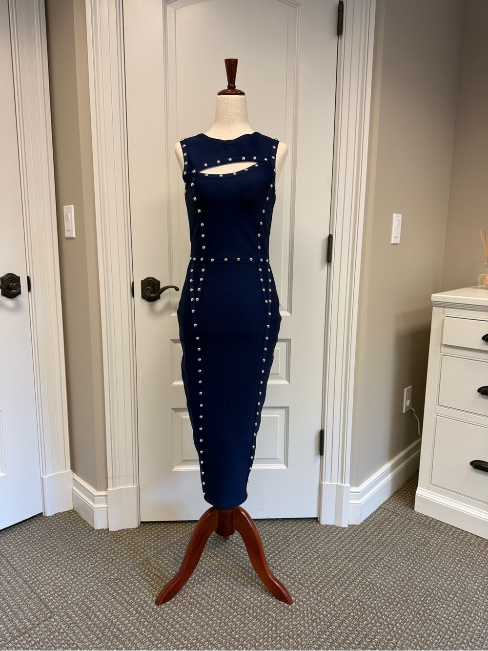 Navy Studded Bandage Sheath Dress with Cutout, Size S